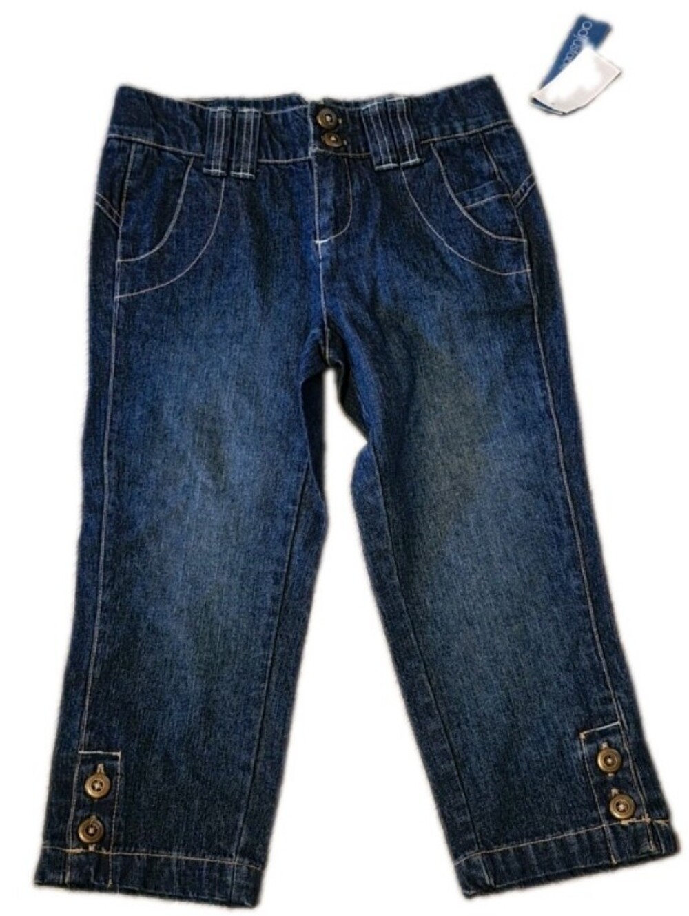 Greendog Girls Capri Denim Jeans Decorative Button Cuff Adjust Waist Medium Wash